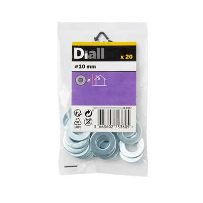 Diall M10 Carbon Steel Medium Flat Washer, (Dia)10Mm, Pack Of 20