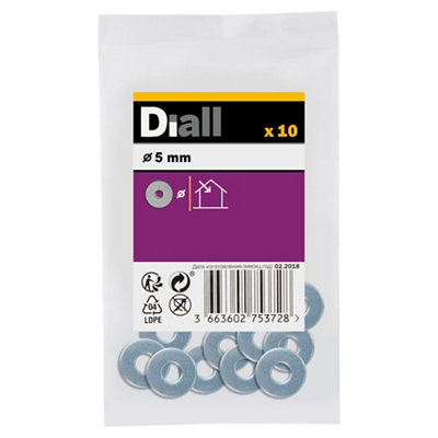 Diall M5 Carbon Steel Flat Washer, (Dia)5Mm, Pack Of 10