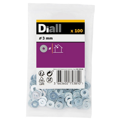 Diall M3 Carbon Steel Flat Washer, (Dia)3Mm, Pack Of 100