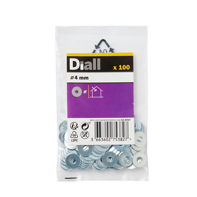 Diall M4 Carbon Steel Flat Washer, (Dia)4Mm, Pack Of 100