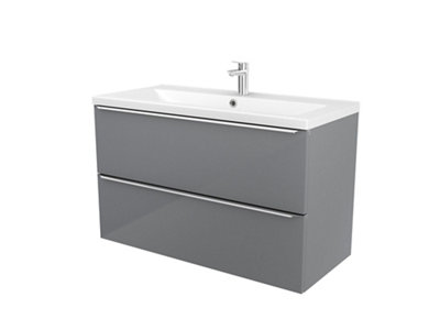 Goodhome Imandra Gloss Grey Wall-Mounted Bathroom Vanity Unit (H) 600Mm (W) 1000Mm