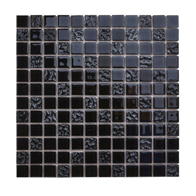 Colours Flourencia Black Polished Gloss Glass Mosaic Tile, (L)300Mm (W)300Mm