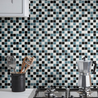 Colours Tarente Black, Grey & White Gloss Glass Mosaic Tile, (L)300Mm (W)300Mm