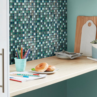 Colours Bressia Blue & Green Gloss Glass Mosaic Tile, (L)306Mm (W)306Mm