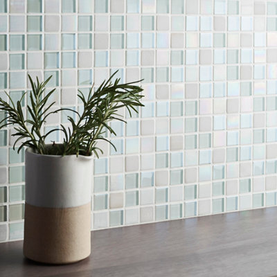 Colours Parmia White Polished Gloss Glass & Marble Mosaic Tile, (L)300Mm (W)300Mm