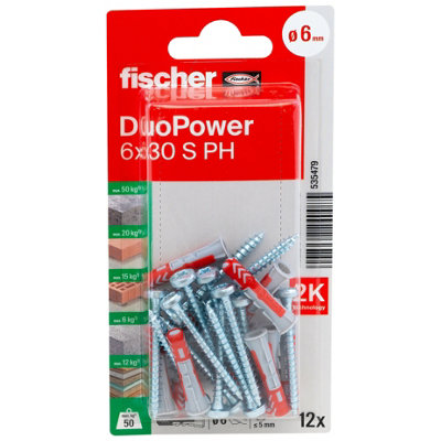 Fischer Duopower Multicolour Multi-Purpose Screw & Wall Plug (Dia)6Mm (L)30Mm, Pack Of 12