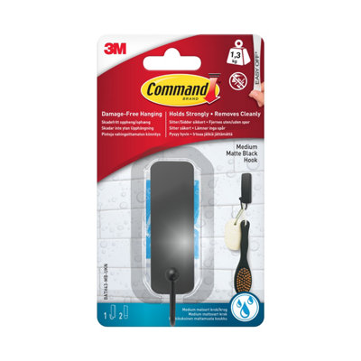 3M Command Medium Black Bath Adhesive Hook (Holds)1.3Kg