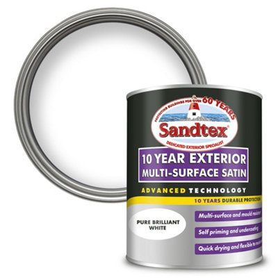 Sandtex 10 Year Pure Brilliant White Satin Multi-Surface Paint, 750Ml