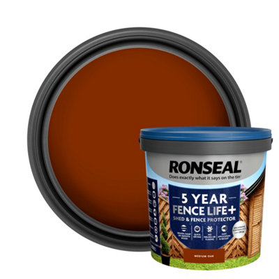 Ronseal 5 Year Fence Life+ Medium Oak Matt Exterior Shed & Fence Protector Wood Paint, 9L Tub