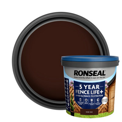 Ronseal 5 Year Fence Life+ Dark Oak Matt Exterior Shed & Fence Protector Wood Paint, 9L Tub