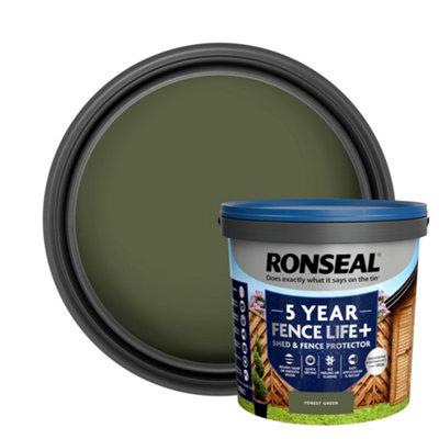 Ronseal 5 Year Fence Life+ Forest Green Matt Exterior Shed & Fence Protector Wood Paint, 9L Tub
