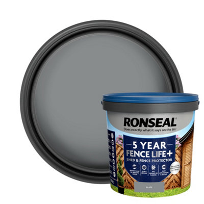 Ronseal 5 Year Fence Life+ Slate Matt Exterior Shed & Fence Protector Wood Paint, 9L Tub