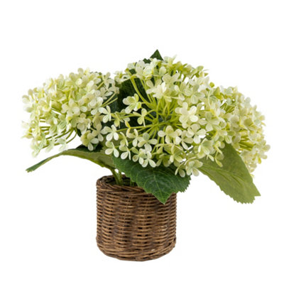 Candlelight 30.5Cm White Hydrangea Artificial Floral Arrangement In Brown Wicker Basket