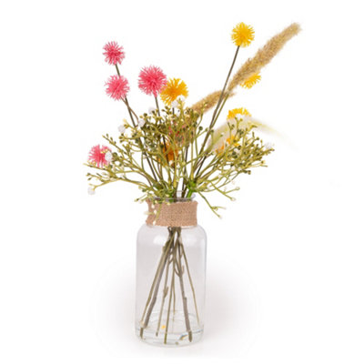 Candlelight Yellow & Pink 41Cm Spring Florals Artificial Floral Arrangement In Clear Spring Florals Glass Jar