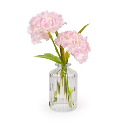 Candlelight Pink 21Cm Hydrangeas Artificial Floral Arrangement In Clear Ribbed Glass Vase