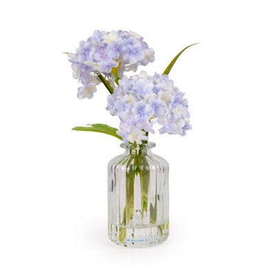 Candlelight Blue 21Cm Hydrangeas Artificial Floral Arrangement In Clear Ribbed Glass Vase