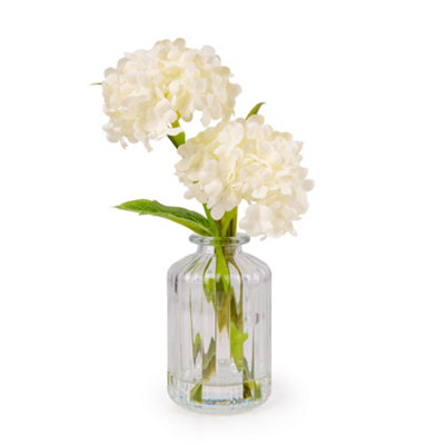 Candlelight Cream 21Cm Hydrangeas Artificial Floral Arrangement In Clear Ribbed Glass Vase