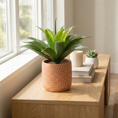 Candlelight Terracotta & Green 36Cm Aloe Pot With Artificial Plant In Terracotta Polka Dot Ceramic Pot