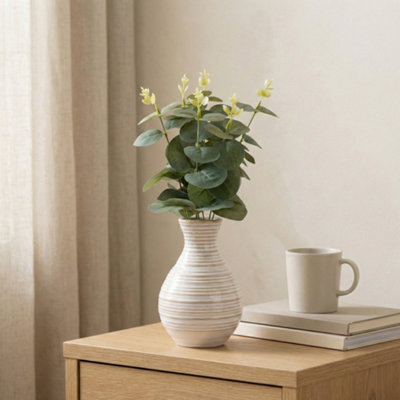 Candlelight Green 26Cm Eucalyptus Artificial Floral Arrangement In White Striped Ceramic Vase