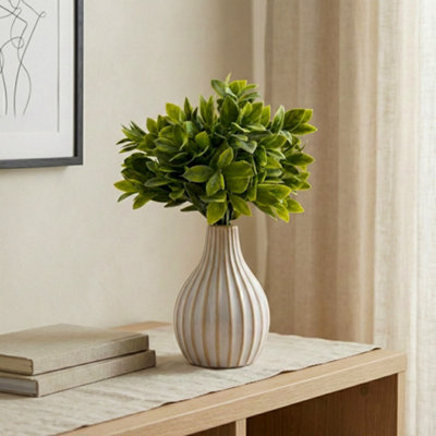Candlelight Green 28.5Cm Artificial Floral Arrangement In White Striped Ceramic Vase