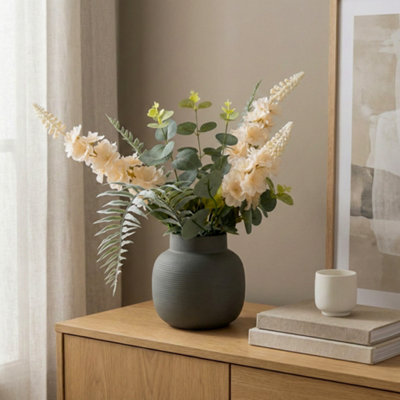 Candlelight Green & White 44Cm Delphinium Artificial Floral Arrangement In Grey Textured Ceramic Vase