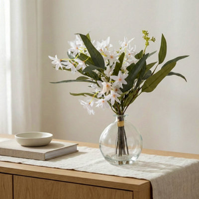 Candlelight White & Green 41Cm Artificial Floral Arrangement In Clear Glass Vase
