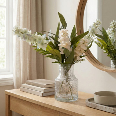Candlelight White & Green 55Cm Delphinium Artificial Floral Arrangement In Clear Textured Glass Vase