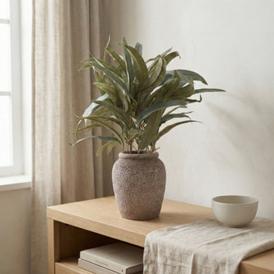Candlelight Green 43Cm Olive Leaves Pot With Artificial Plant In Grey Textured Cement Pot