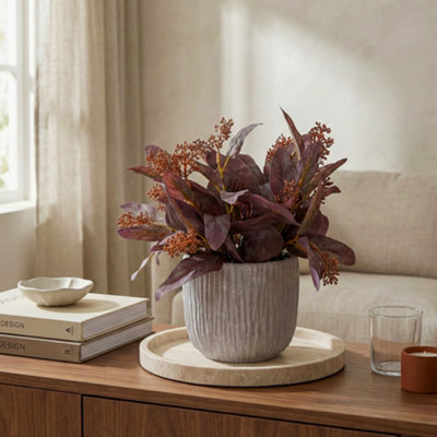 Candlelight Red 30Cm Eucalyptus Pot With Artificial Plant In Grey Textured Cement Pot