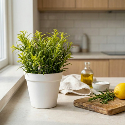 Candlelight Green 21Cm Rosemary Pot With Artificial Plant In White Plastic Pot