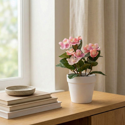 Candlelight Pink & Green 19Cm Pot With Artificial Plant In White Plastic Pot