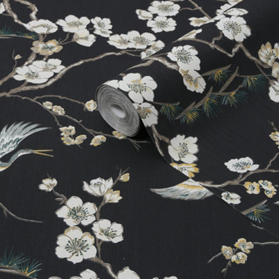 Sublime Japan Black & Green Metallic Effect Floral Smooth Wallpaper