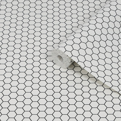 Contour Black & White Tile Effect Hexagon Lattice Textured Wallpaper
