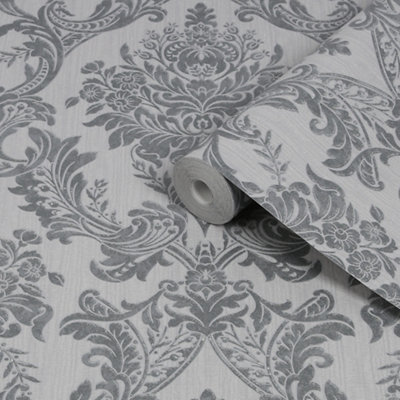 Boutique Baroque Grey Glitter Effect Damask Textured Wallpaper