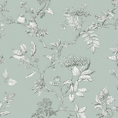 Laura Ashley Elderwood Duck Egg Floral Smooth Wallpaper