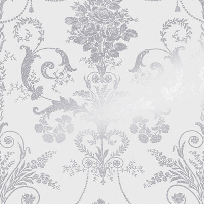 Laura Ashley Josette Silver Effect Damask Smooth Wallpaper