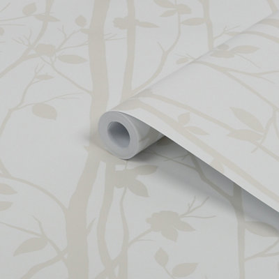 Laura Ashley Cottonwood Pearlescent White Trail Smooth Wallpaper Sample