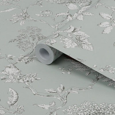Laura Ashley Elderwood Duck Egg Floral Smooth Wallpaper Sample
