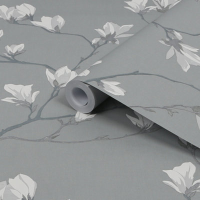 Laura Ashley Magnolia Grove Slate Floral Smooth Wallpaper Sample