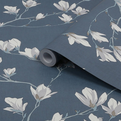 Laura Ashley Magnolia Grove Dusky Seaspray Floral Smooth Wallpaper Sample