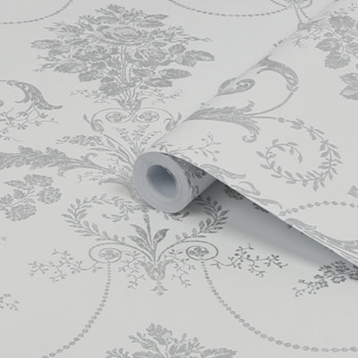 Laura Ashley Josette Silver Effect Damask Smooth Wallpaper Sample
