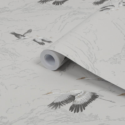 Laura Ashley Animalia Silver Effect Bird Smooth Wallpaper Sample