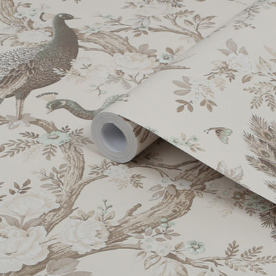 Laura Ashley Belvedere Soft Truffle Peacock Smooth Wallpaper Sample