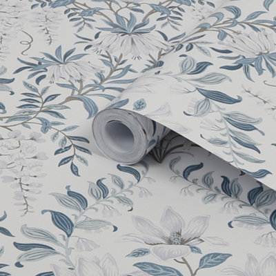 Laura Ashley Parterre Off White & Seaspray Damask Smooth Wallpaper Sample