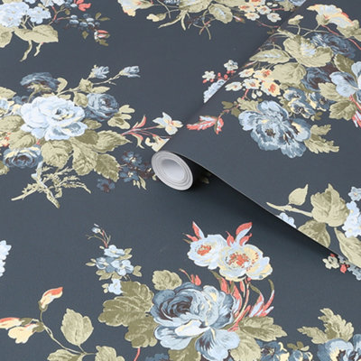 Laura Ashley Rosemore Midnight Seaspray Floral Smooth Wallpaper Sample