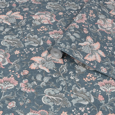 Laura Ashley Portia Dark Seaspray Floral Smooth Wallpaper Sample