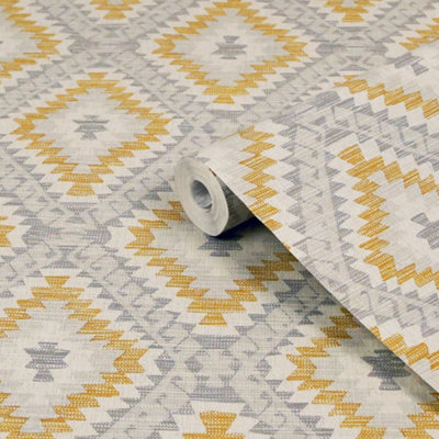 Superfresco Easy Grey & Yellow Woven Effect Geometric Textured Wallpaper