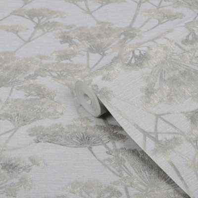 Boutique Grey Metallic Effect Leaves Textured Wallpaper
