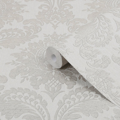 Boutique Beige Metallic Effect Damask Textured Wallpaper