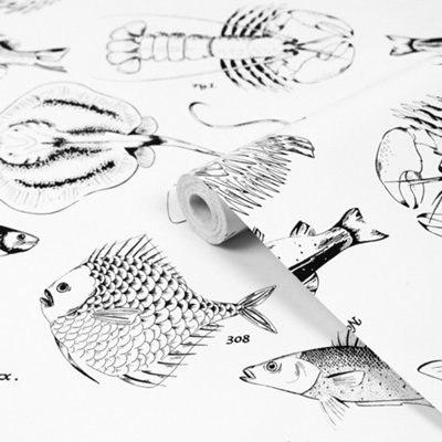 Contour White Monochrome Effect Ocean Life Smooth Wallpaper